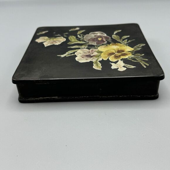 Antique Victorian Hand Painted Lacquered Papier Mache Square Box with Pansies - Picture 10 of 16